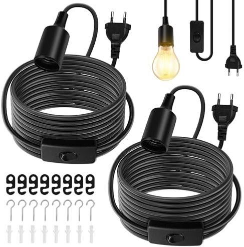 Cable Suspension Luminaire Douille E27: 2 Pièces Douille Ampoule, Luminaire Suspension Lampe Suspendue avec Interrupteur, Câble Réglable 6m pour Éclairage Intérieur Chambre Salon Cuisine Bar, Noir