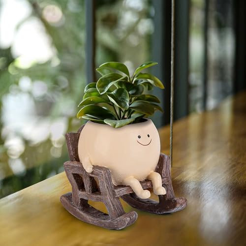 LASTOOLS Smily Face Planter Pot Cute Resin Flower Head Planters for Indoor Outdoor, Sit Rocking Chair Succulent Flower Pots with Drainage Hole, Gift IdeaI for Birthday, Christmas