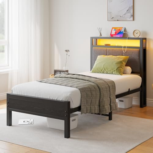 FOUBAM 3FT Single Bed Frame with LED Lights and Charging Station, Heavy Duty Metal Bed with Storage Fabric Headboard,Solid and Stable, Metal Slats Support,Mattress Foundation (Black)