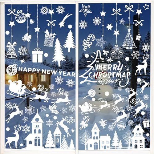 Fensterbilder Weihnachten, Weihnachtsdeko,10 Seite 3D Wiederverwendbar und abnehmbar Fensterfolie,PVC Schneeflocken Fensterdeko,Partydekorationen schaffen Atmosphäre