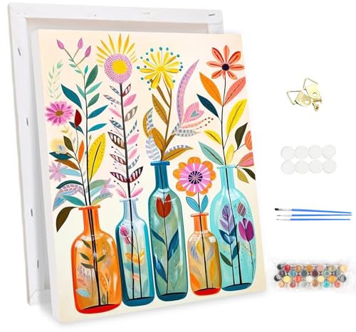 MEIYUDA Pintar por Numeros Adultos con Marco Flores coloridas en jarrones, Cuadros por Numeros Pigmento Acrílico, DIY Pintura por Numeros Kit, Decoración para el Hogar Regalo de pared 30x40cm