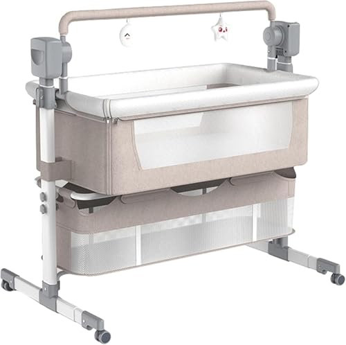 Baby Bedside Crib Infant, Multifunctional Baby Bassinet, Portable Baby Bedside Cot, Convertible Foldable Baby Cradle Swing with Bluetooth Music 5 Swaying Gears Remote Control,Khaki(Khaki)
