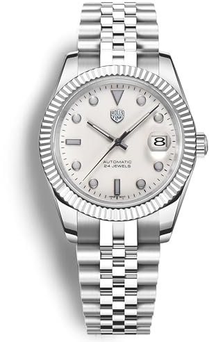 RollsTimi Herrenuhren, Luxus Herren Automatikuhren NH35A Uhrwerk 10Bar Wasserdicht Helles Saphirglas Edelstahlarmband Kalenderuhr (Weiß)