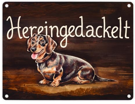 Hereingedackelt Metallschild in 15x20 cm mit Dackel Aquarellgemälde-Stil mit hölzernem Hintergrund - Dackel mit Halsband und Zunge im dunklen Farbton einzigartiges Design