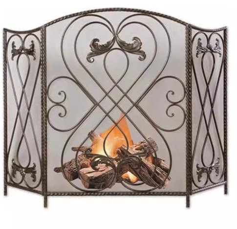 GTPBAO Funkenschutzgitter Schutzgitter Aus Antiker Bronze Schnörkeldesign, 125×88cm, Schmiedeeisengitter Dreifach Gefaltete Kamin-Fliegengittertür für Holzverbrennung