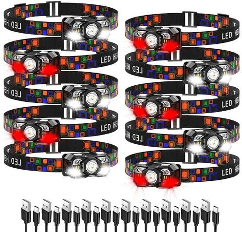 KunHe 10er-Pack Stirnlampe LED Wiederaufladbar, Kopflampe Set mit Bewegungssensor, USB-C Headlamp mit 10 Modi für Arbeit Camping Wandern Angeln Laufen Familie Gruppe Notfall