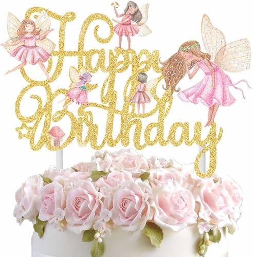 Fee Tortendeko Glänzend Feen Tortendeko Fairy Kuchen Topper Happy Birthday Kuchen Deko für Mädchen Kinder Geburtstag Taufe Feenparty (Rosa)