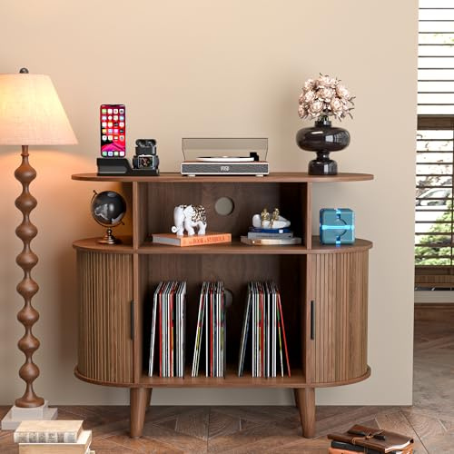 LUVIOHOME Large Round Record Player Stand with Charging Station & USB Ports