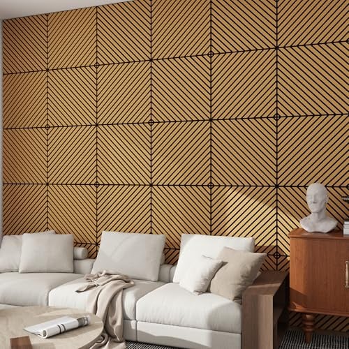 NEU.HOLZ Akustik Wandpaneele Vang 12er Set Wandverkleidung zum Kleben und Schrauben 4,32 m² Holzfurnier 3D Paneele diagonale Lamellen in Eichenoptik, dunkel
