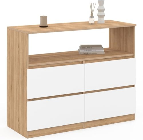 IDMarket - Commode 4 tiroirs TOMI 100 cm avec Niche façon hêtre et Blanc