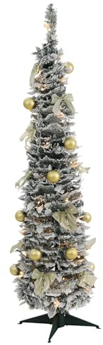 Mr Crimbo 5ft Pre-Lit Pop Up Flocked Christmas Tree with 60 Warm White LED Lights, 13 Gold Baubles, 13 Gold Bows, Slimline Snow Frosted Design, Collapsible Frame, Easy Assembly Artificial Xmas Tree