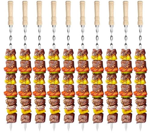 Grillspieße Edelstahl, Schaschlikspieße Edelstahl mit Holzgriff, 10 Stück | Wiederverwendbar Flache Lange Spieße, für Fleisch Gemüse Kebab Fleischspieße (55cm Lang)