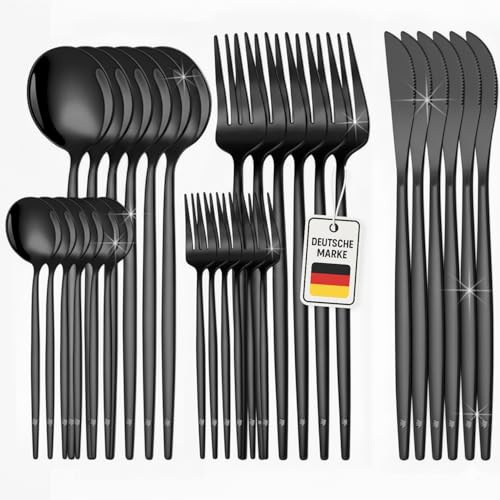 ROXLIN Premium Besteckset, 30-teilig, Gold, Edelstahl, Spülmaschinenfest, Elegantes Design, Tafelbesteck für 6 Personen mit Gabeln 21,5cm, Löffeln 20,8cm, Dessertgabeln 13cm (Schwarz)