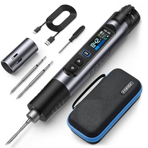 FNIRSI Kit de soldador inalámbrico HS-03, batería desmontable de 2600 mAh, 100.0-450.0 °C, ajuste de temperatura de 5 niveles, calor rápido de 3 segundos, pantalla IPS de 0.96 pulgadas, apagado