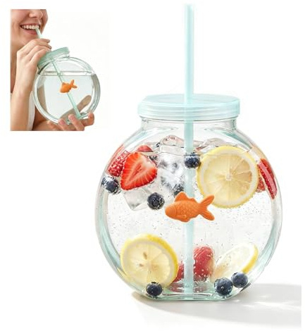 Fish Bowl Tumbler with Straw, 1200ml Fish Bowl Cups with Lids and Straws, Creative Drinking Bottles Clear Plastic Glasses Fishing Decorations Water Cups for Home Outdoor Summer Drink, Party, Camping