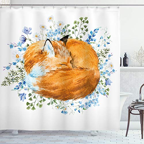 ABAKUHAUS Fuchs Duschvorhang, Sleeping Fox Aquarellen, Stoffliches Gewebe Badezimmerdekorationsset mit Haken, 175 x 220 cm, Orange Blue Olivgrün