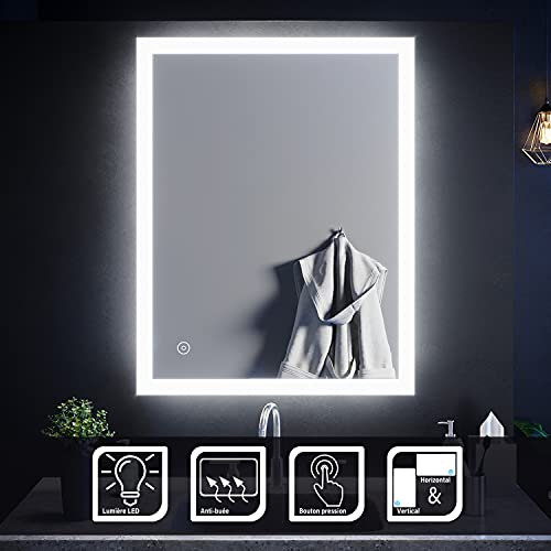 SIRHONA Miroir Salle de Bains 90x70cm avec éclairage LED Miroir Cosmétiques Mural Lumière Illumination avec Commande par Effleurement, Anti-buée