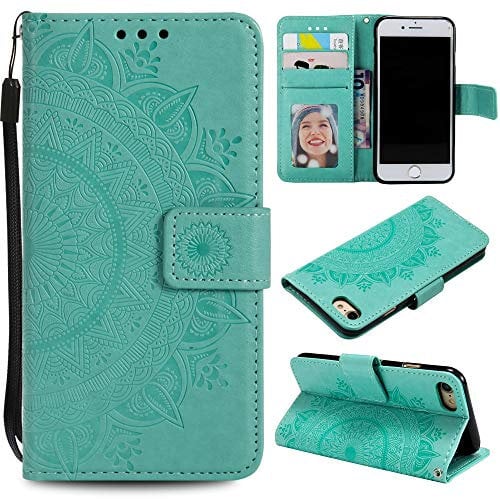 CoverKingz Handy Hülle kompatibel mit iPhone 7/8/SE [2020/2022] - Handyhülle mit Kartenfach Bookcover Case – Handy Tasche klappbar Motiv Mandala Grün