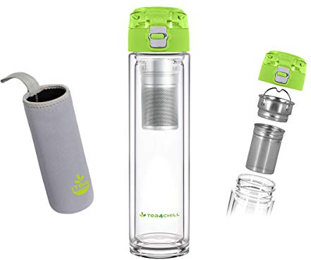 Teeflasche mit Sieb to go, Trinkflasche aus Glas, doppelwandig, Neopren-Hülle, grün