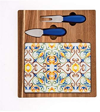 BRANDANI Tagliere Formaggi Legno Acacia Vetro con 2 COLTELLI Inox MEDICEA