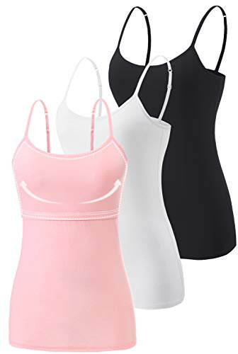 Vislivin Womens Cotton Camisole Adjustable Strap Tank Tops with Shelf Bra Stretch Undershirts Black/White/Pink-1 M