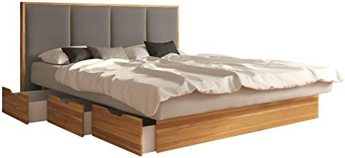 SuMa - Wasserbett dual 180x220 mit 6 Schubkästen im Sockel Wildeiche Eiche und Kopfteil Quaddro, Farbe lightgrey 180x220 cm