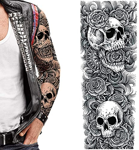 Tatodays temporäres tattoo am ganzen arm, totenköpfe, rosen, gothic, zum aufkleben, körperkunst-transfer für frauen und männer, cosplay, kostüm, biker, rocker, halloween, temporäres tattoo