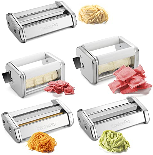 CucinaPro Pasta Maker Aufsatz-Set, 5-teilig, für authentische, hausgemachte italienische Nudeln, Fettuccini, Engel Hair & Ravioli-Schneider – kompatibel mit CucinaPro & Atlas Nudelmaschinen