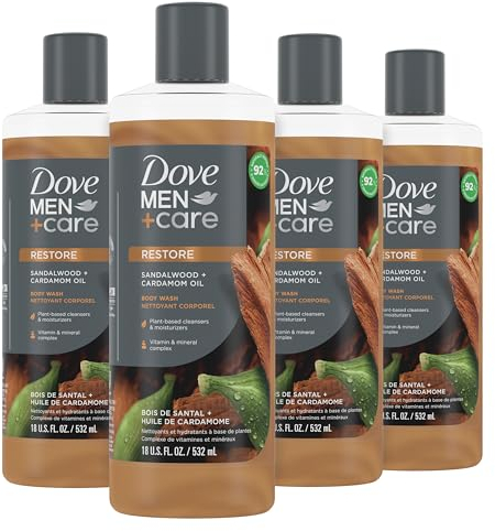 Dove Men+Care Lot de 4 flacons de gel douche au bois de santal et à l'huile de cardamome qui élimine efficacement les bactéries tout en nourrissant votre peau 530 ml