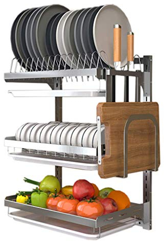 FBWSM Soporte para Utensilios, Estante para Platos de Acero Inoxidable, escurridor de Platos de 3 Niveles, Estante para Platos montado en la Pared con Bandeja de Goteo, Altura de Capa Ajustable