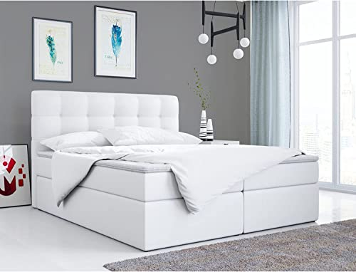 MKS MEBLE Boxspringbett 180x200 mit Matratze, Bett mit Multipocket - Matratze H4 und Topper, Polsterbett 180x200 mit Bettkasten und Kopfteil, ERNI - Weiß Kunstleder