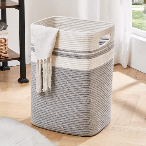 OIAHOMY Laundry Hamper - Tall Cotton Storage Basket With Handles, Decorative for Living Room, Collapsible Large for Toys, Pillows, Clothes - 16x13x22in - Grey