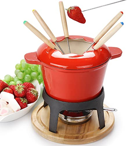 Virklyee Fondue en Céramique en Fonte Fondue bourguignonne Fonte Service à Fondue au Fromage Avec 6 fourchettes Avec Brûleur Convient à Fromage Chocolat du Pain des Fruits Légume Guimauve (Rouge o2)