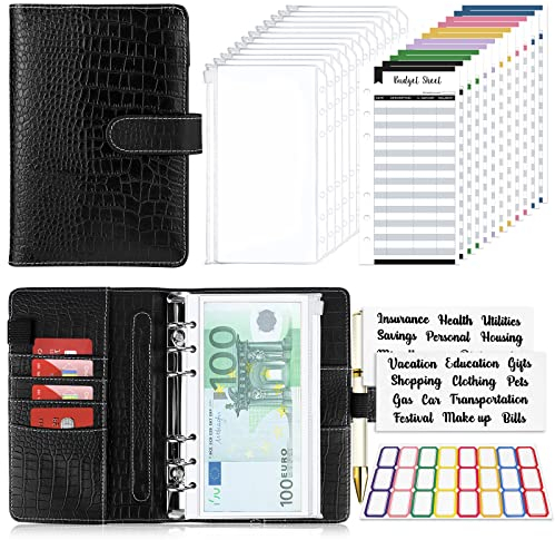 TAOPE Raccoglitore Notebook A6, Binder Budget Set Portadocumenti in Pelle PU con 12 Trasparente Sacchetti Cerniera Compilabile, per Budget Contanti Buste Risparmio Denaro - Motivo Coccodrillo Nero