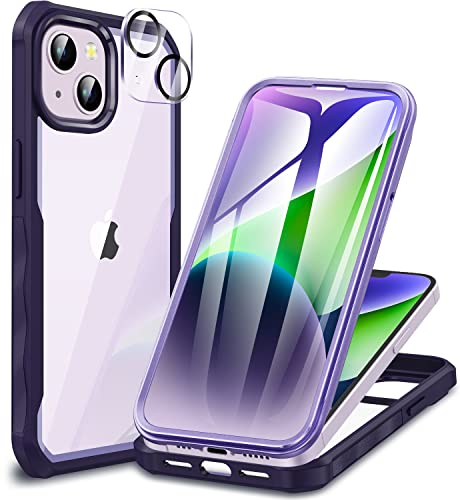 CENHUFO Compatible with iPhone 14 Case Built-in Glass Screen Protector with Camera Lens Protector, 360°Full Body Heavy Duty Protective Phone Case for iPhone 14 Case Shockproof -Purple
