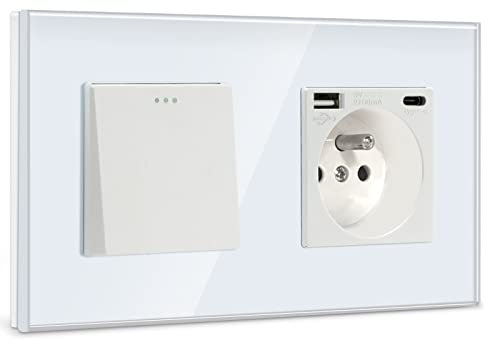 BSEED Interrupteur avec Prise Murale USB et 1 Type C Blanc,1 Gang 1 Voie Interrupteur d'éclairage pour la salle de bains,Interrupteur à bascule avec panneau en verre,Multiprise Murale avec USB-2.1A