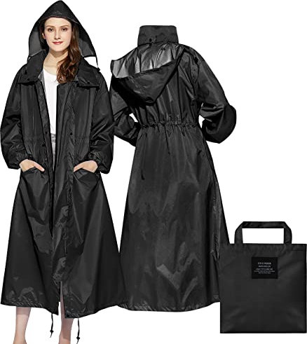 SOPPY Manteau de pluie pour femme, long manteau imperméable, coupe-vent, poncho léger à séchage rapide, veste de pluie à capuche pour femme, taille unique, Noir, L