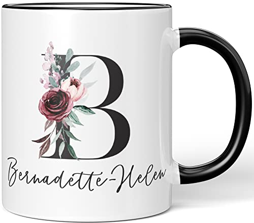JUNIWORDS Tasse, Bernadette-Helen, Name Anfangsbuchstabe Initial Alphabet Floral Buchstabe B Monogramm Motiv, Schwarz (5559596)