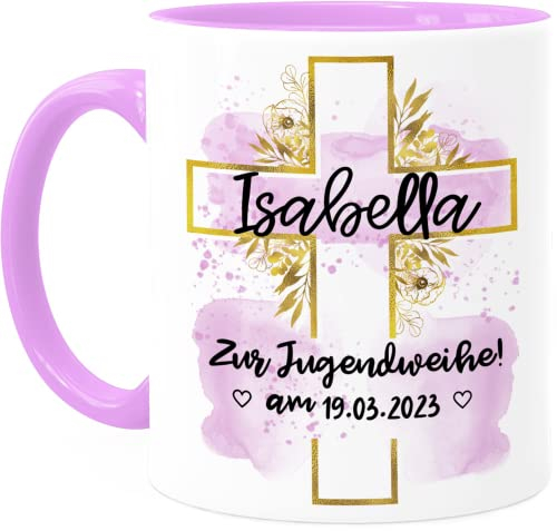 Tassenliebling® Jugendweihe Tasse personalisiert mit Datum und Namen für Mädchen und Jungen - Rosa - Beidseitiger Druck - Christliche Geschenke zur Jugendweihe