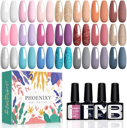 Phoenixy Gel Nagellack Set, 24 Stk. 8ml Gel Nagel Farblack Set Nagellack Set mit Unterlack Überlack Matte Überlack