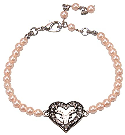 Alpenflüstern Perlen-Trachten-Armkette Strassherz-Hirsch - Damen-Trachtenschmuck mit antik-silber-farbenem Trachten-Strassherz, Trachten-Armband, Perlenarmband (rosa-rosé) DAB075