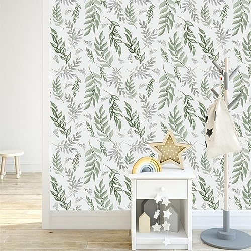 JOLIHOME Verde y Gris Efecto Hojas Papel Pintado Autoadhesivo Blanco Impermeable Plástico Autoadhesivo Vinilo Pelar y Pegar Papel de Contacto Removible Pegatina Pared Rollos para Cocina 44.5x500cm