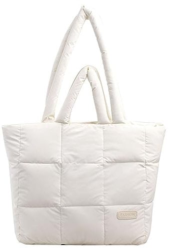 ACUYE Puffer Tote Bag Puffer Purse for Women Large Puffy Tote Handbag Lightweight Quilted Tote Bag Cotton Padded Puffer Bag Shoulder Bag Puffy Bag, 44, 02-white