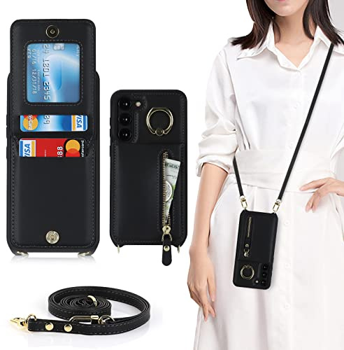 CAVOR Handykette Samsung Galaxy S23 Hülle Mit Band,Flip Leder Geldborse Handyhülle,[4 Kartenfach][Mit Ring Stander],Klapphülle Handyhülle mit Umhängeband - Schwarz