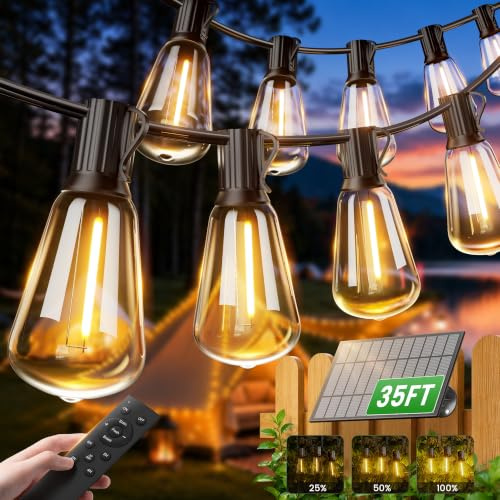 OHLUX 35FT Solar Powered String Lights Outdoor,Waterproof Solar Patio Lights With Remote,17 Shatterproof ST38 LED Filament Bulbs, 2200K Soft White,Dimmable Outside Edison Hanging Light for gazebo Deck