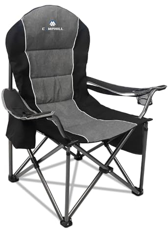 CAMPHILL Campingstuhl, zusammenklappbarer Campingstuhl für schwere Menschen, mit Getränkehalter und Kühltasche, zusammenklappbarer Stuhl für Camping, mit Kopftasche und Quad-Lendenwirbelsäule,