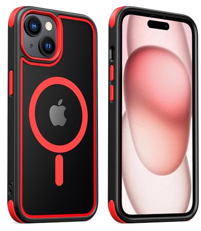 MobNano cover for iPhone 15 magnetica, compatibile con MagSafe, cover magnetica colorata per iPhone 15, Protezione Antiurto di Livello Militare, Retro Resistente ai Graffi - Nero/Rosso