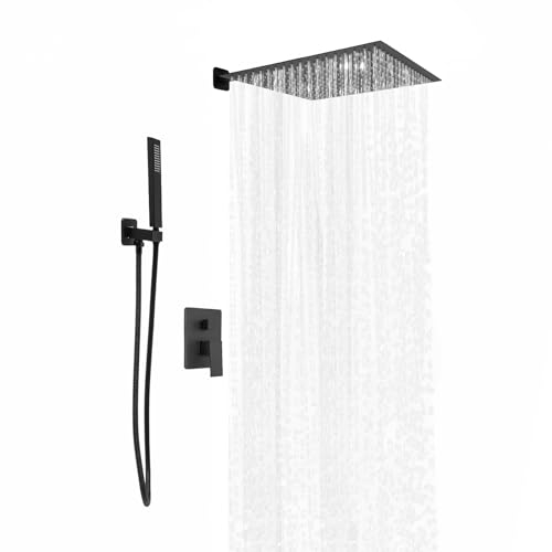 DeeDuud Sistema de ducha de 40 x 40 cm, juego completo de grifos de ducha, color negro, empotrado, ducha de lluvia giratoria 360°, para casas, hoteles, escuelas, gimnasios, piscinas, apartamentos