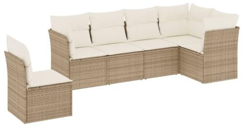 vidaXL Garten Sofagarnitur mit Kissen 6-TLG., Gartenmöbel Gartengarnitur, Sitzgruppe Sitzgarnitur, Lounge Sofa Garnitur Terrasse, Beige Poly Rattan