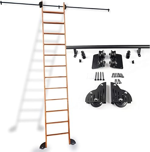 PRESSLAY Bibliotheks-Schiebeleiter-Hardware-Kit | Rundrohrschiene/Schiene (ohne Leiter), Mobile Leiterschiene aus Eisen für Bücherregale im Home Office mit Bodenrollenrädern – Schwarz (Größe: 6,6 Fuß